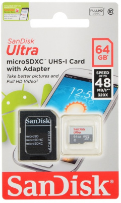 Карта памяти 64GB SanDisk,microSDXC Ultra Android, Class10, UHS-I 80Mb/s, без адаптера